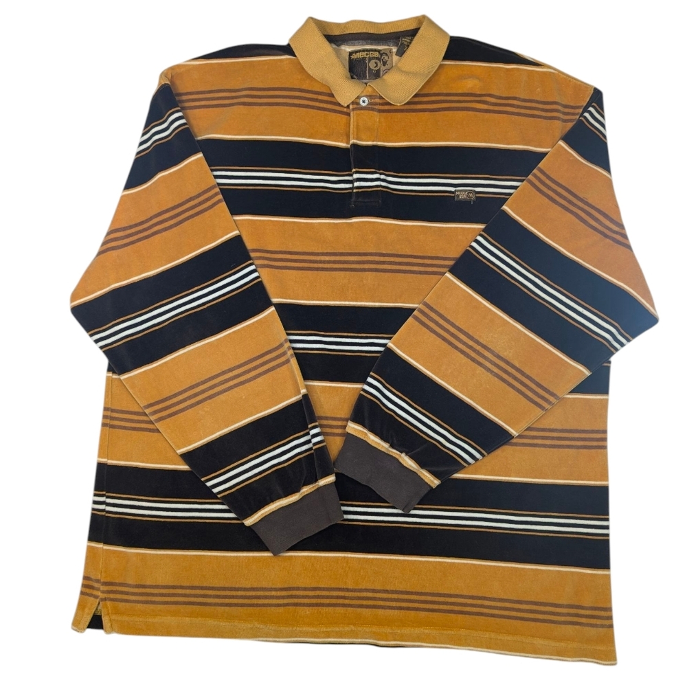 Vintage MECCA USA 90s velour, striped oversized long sleeve, collared shirt. XXL